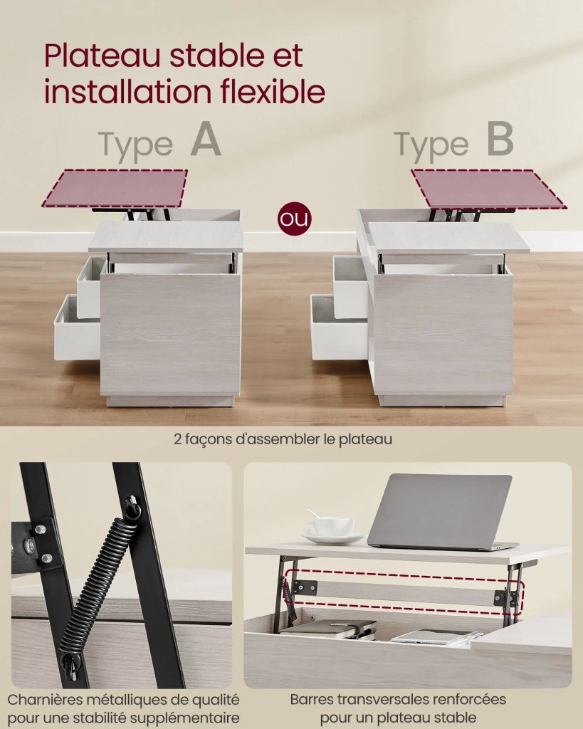 Tavolino da caffè tavolo da soggiorno 50 x 100 x 48/62,3 cm piano sollevabile con 2 cassetti e scomparti nascosti scomparti aperti per soggiorno home office beige 12_0007490