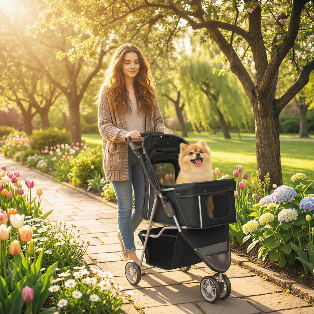 Carrello per Cani Pieghevole con Cestino e Cuscino ¨C zephmum ¨C Nero