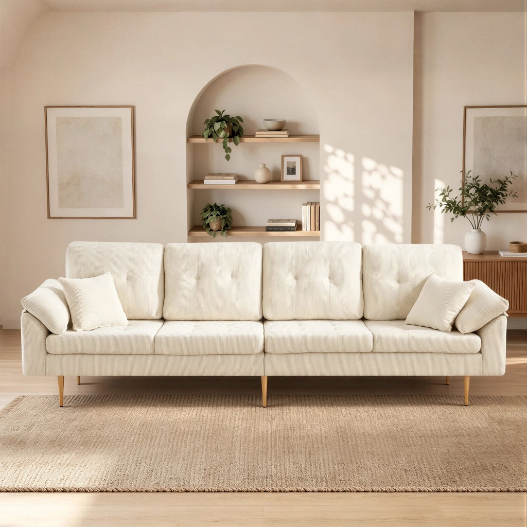 Divano 4 posti in velluto a coste con pouf modulabile; beige chiaro; 250 cm