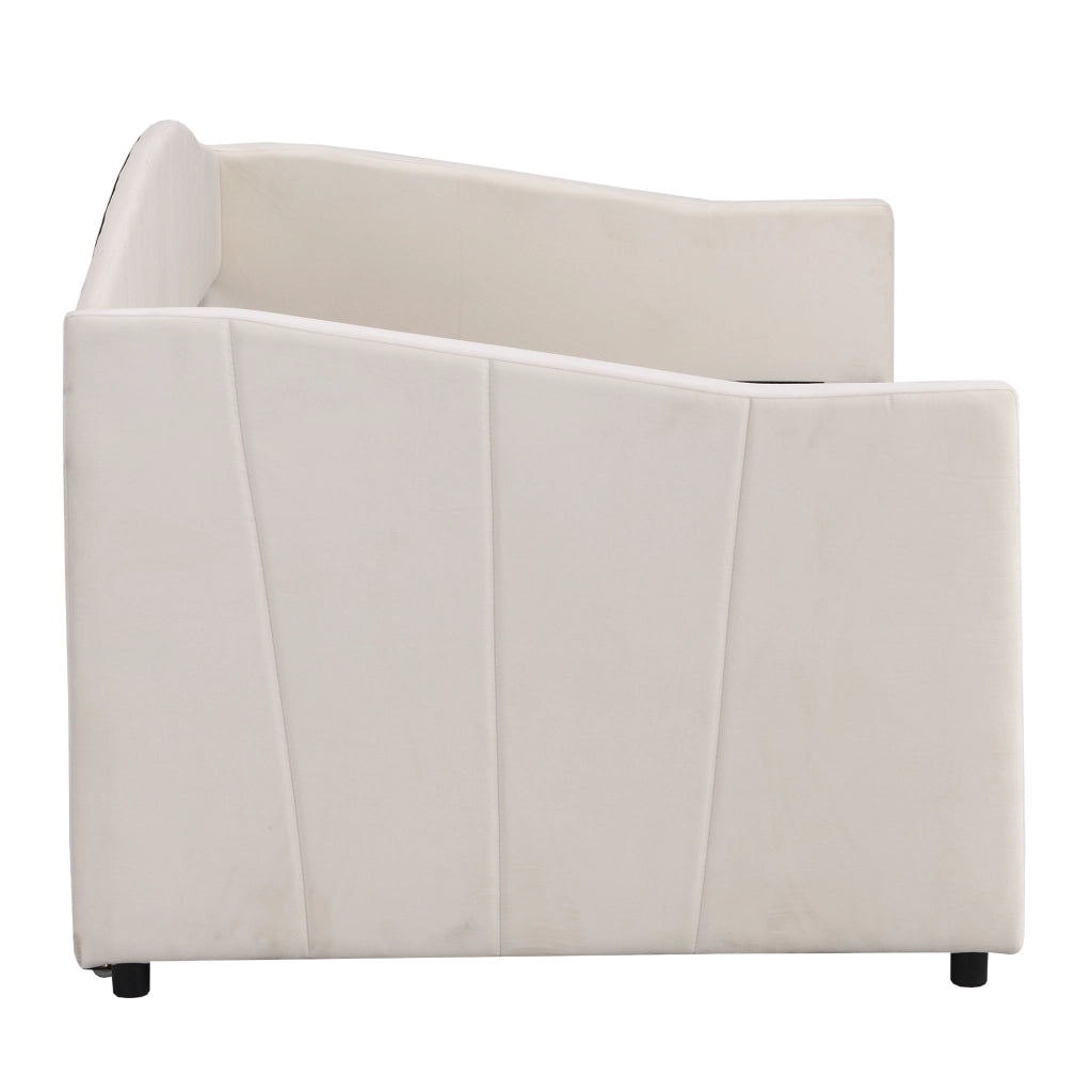 OKWISH Letto a Divano Estraibile 90×200 cm e 180×200 cm, Letto Singolo con Rete Estraibile e Braccioli, senza Materasso, Beige