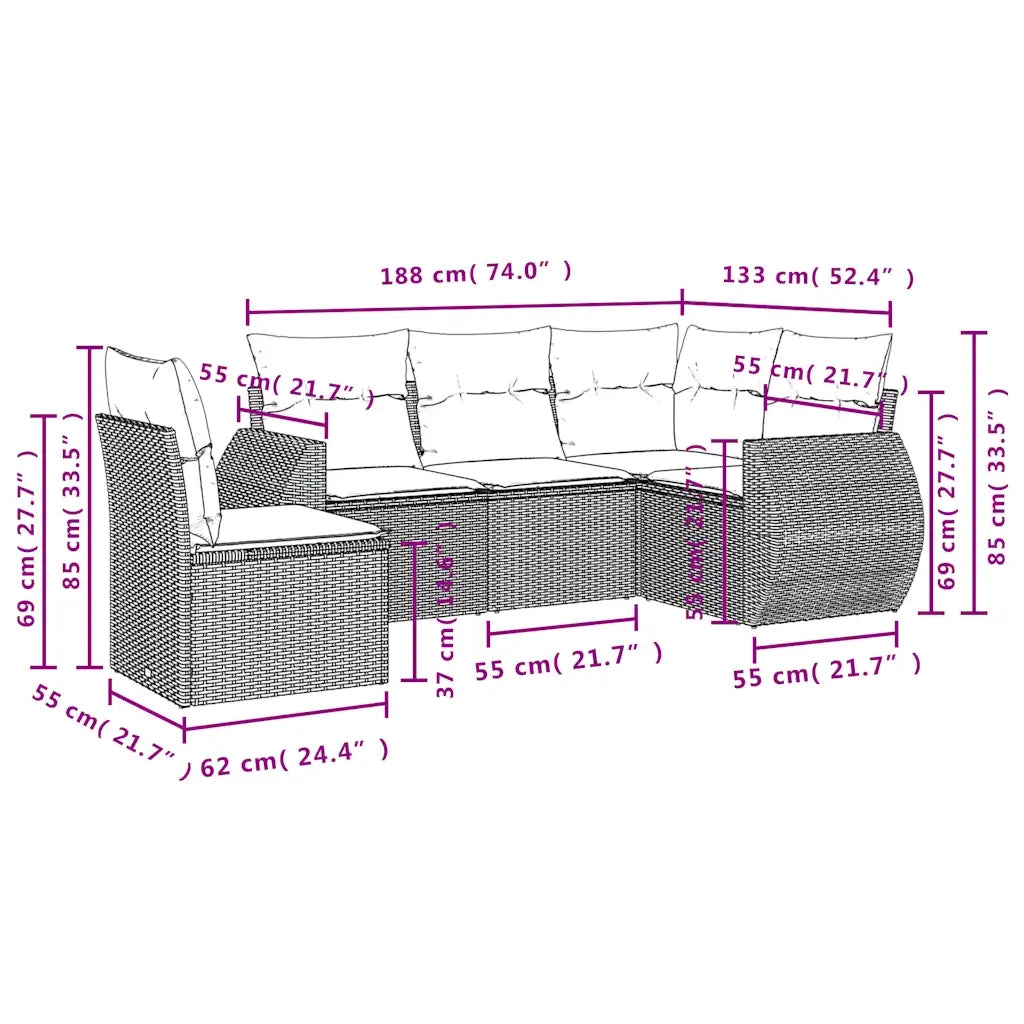 Set Divani da Giardino 5 pz con Cuscini Nero in Polyrattan 3221366