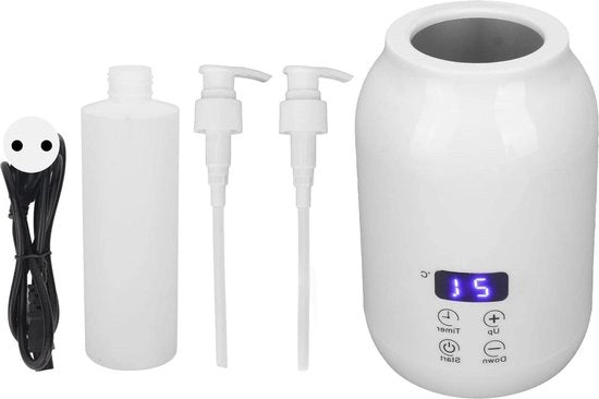 Olio per massaggi riscaldato con display digitale per riscaldamento elettrico di flaconi di crema - inclusa crema gel-crème per glicerina essenziale - ideale per Casa e Salone - due dispenser per oli.