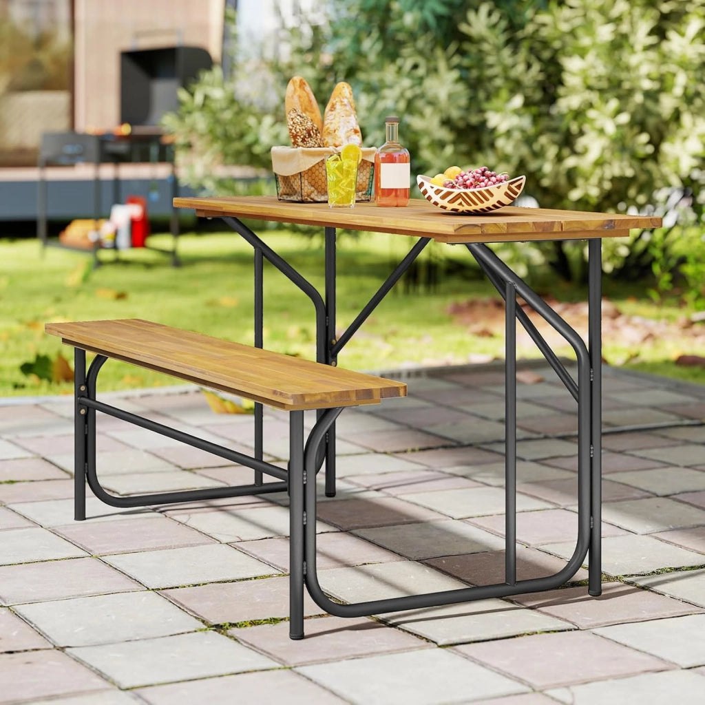 Panca da tavolo da picnic mezza per 2 persone, set tavolo da pranzo e panca in legno di acacia con struttura in metallo resistente, per patio, veranda, giardino, cortile posteriore