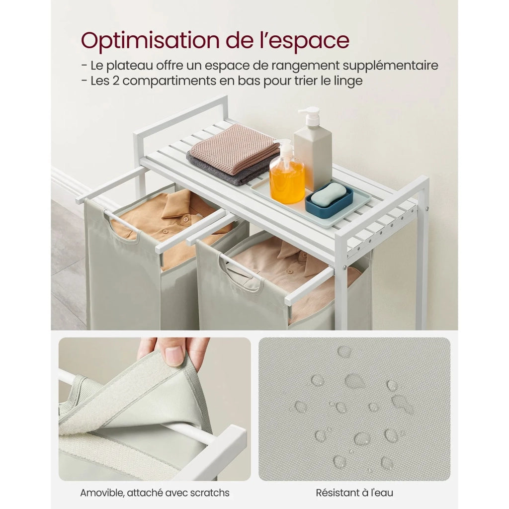 Cesto portabiancheria con 3 scomparti e 1 ripiano portaoggetti 73 x 33 x 72 cm sacchetti estraibili per bagno/lavanderia bianco 12_0006763