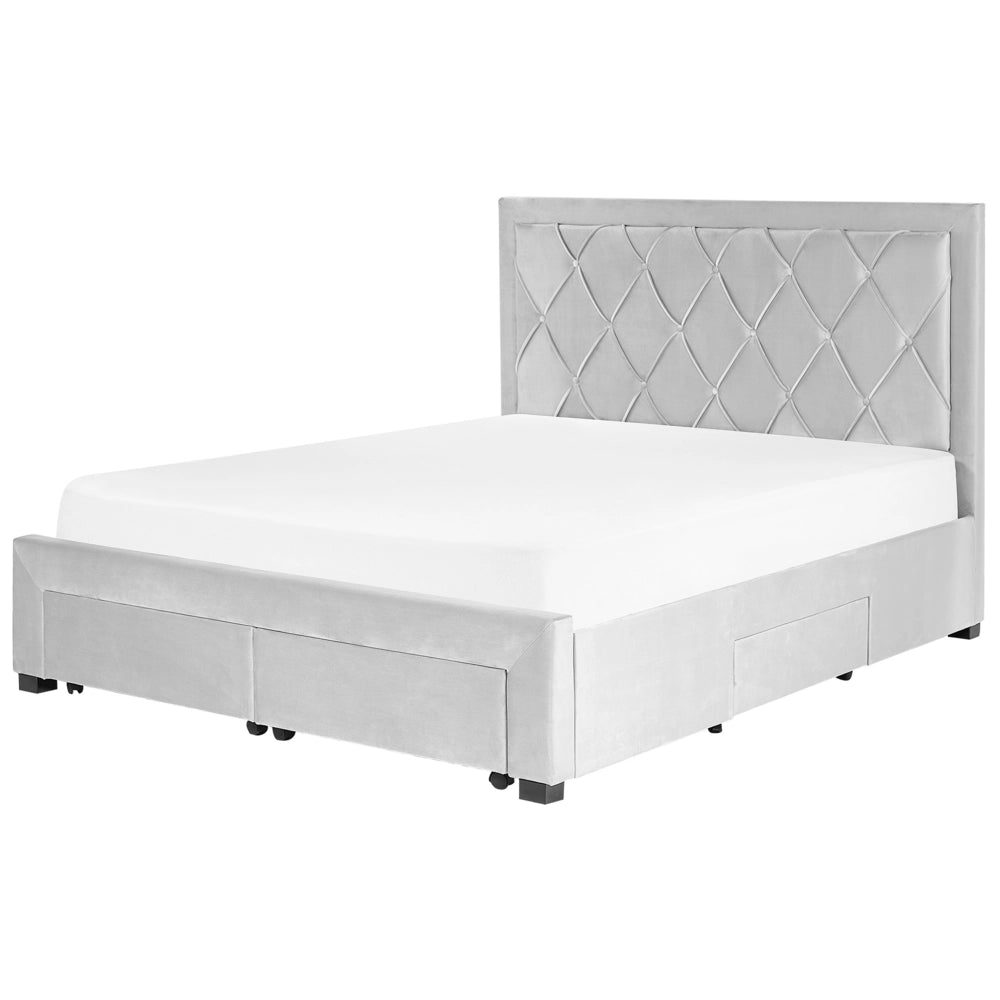 Letto contenitore tappezzeria in velluto grigio chiaro 160 x 200 cm trapuntato testiera alta cassetti Glam Design