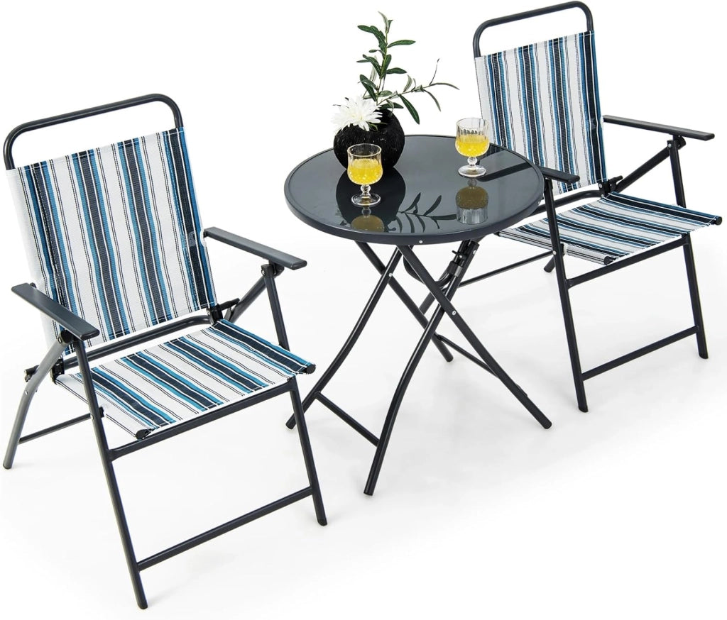 Set Tavolo e Sedie da Giardino Pieghevoli 3 Pezzi, Set Mobili da Esterno con 2 Sedia in Textilene e Tavolino Rotondo in Vetro Temperato, Salottino da Esterno Giardino Balcone