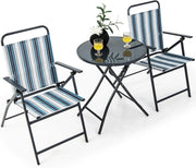 Set Tavolo e Sedie da Giardino Pieghevoli 3 Pezzi, Set Mobili da Esterno con 2 Sedia in Textilene e Tavolino Rotondo in Vetro Temperato, Salottino da Esterno Giardino Balcone