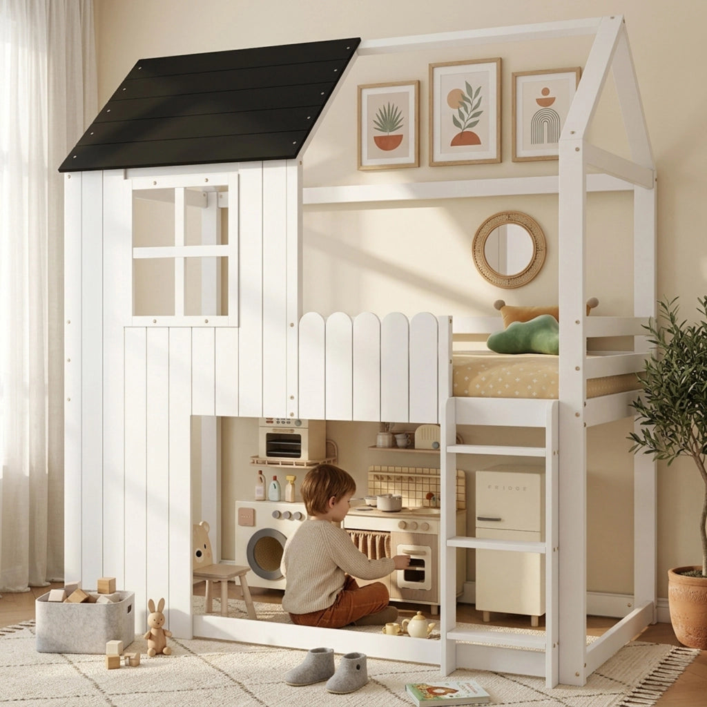 Letto a Soppalco 90x200 cm - Scala a 3 Gradini e Recinzione - in Legno - Bianco e Nero