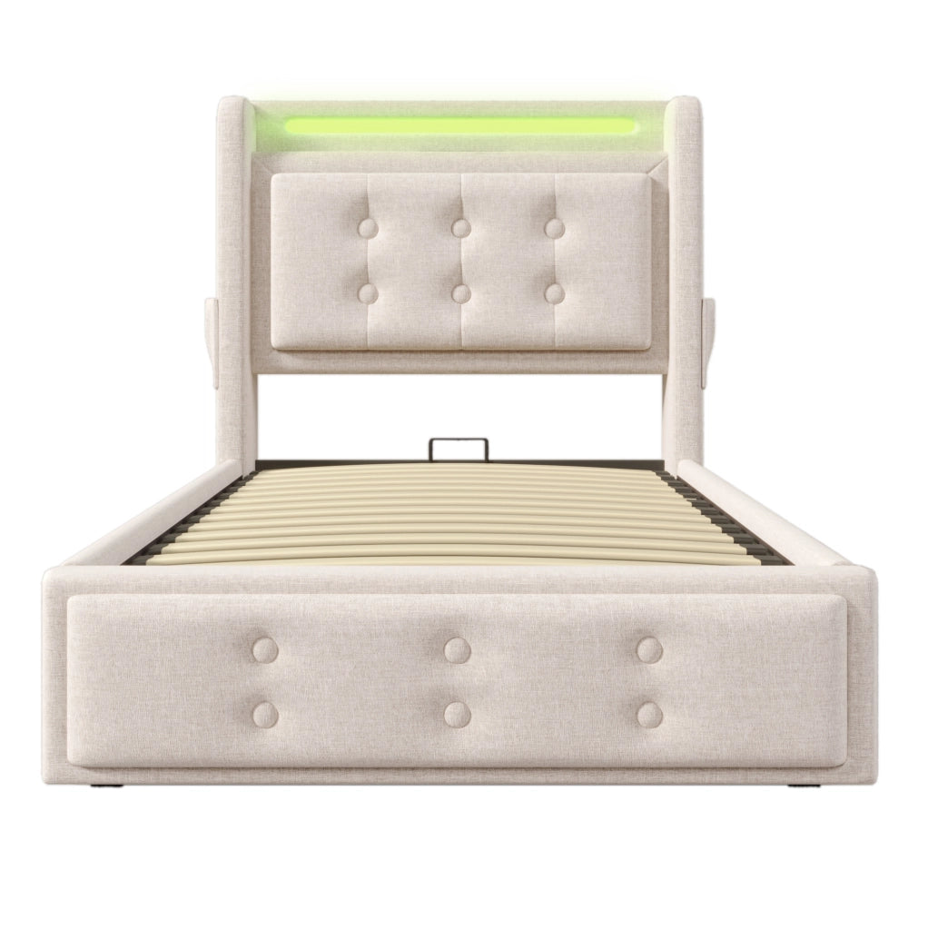 Letto contenitore 90x200 con testiera LED e prese USB; cotone lino beige