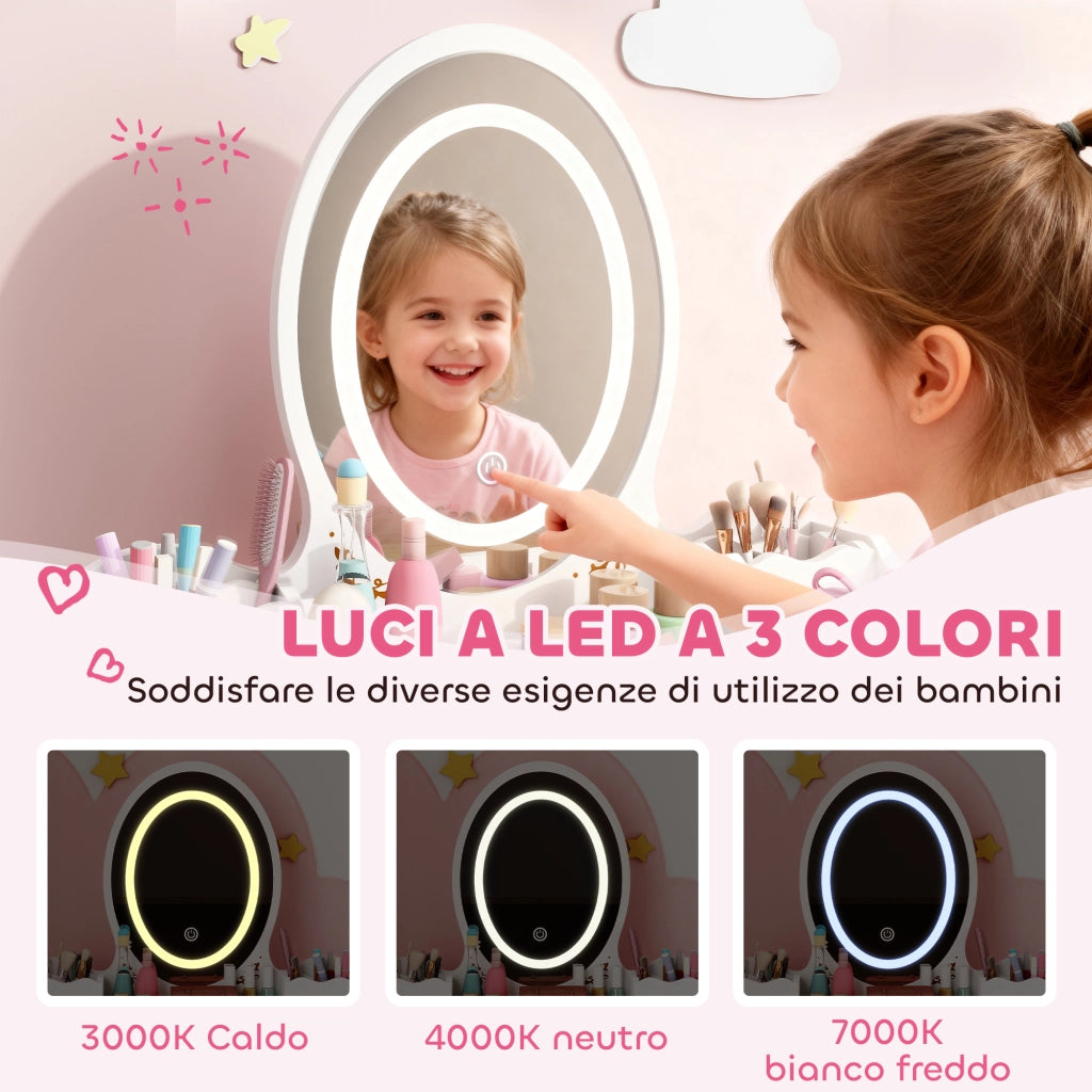 Set Toeletta per Bambine da 3 Anni con Specchio Illuminato e Sgabello 2 Cassetti e 2 Scatole Bianco