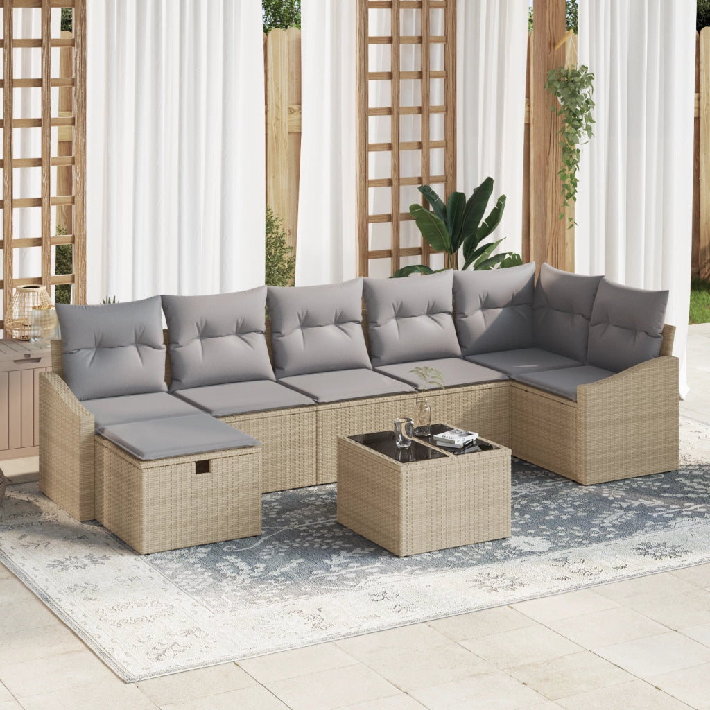 Set Divano da Giardino 8 Pezzi con Cuscini Beige Polyrattan