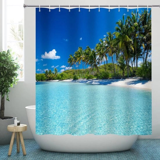 Douchegordijn Resistente alla Muffa - Stile Mare e Palme - 120 x 200 cm - Tessuto