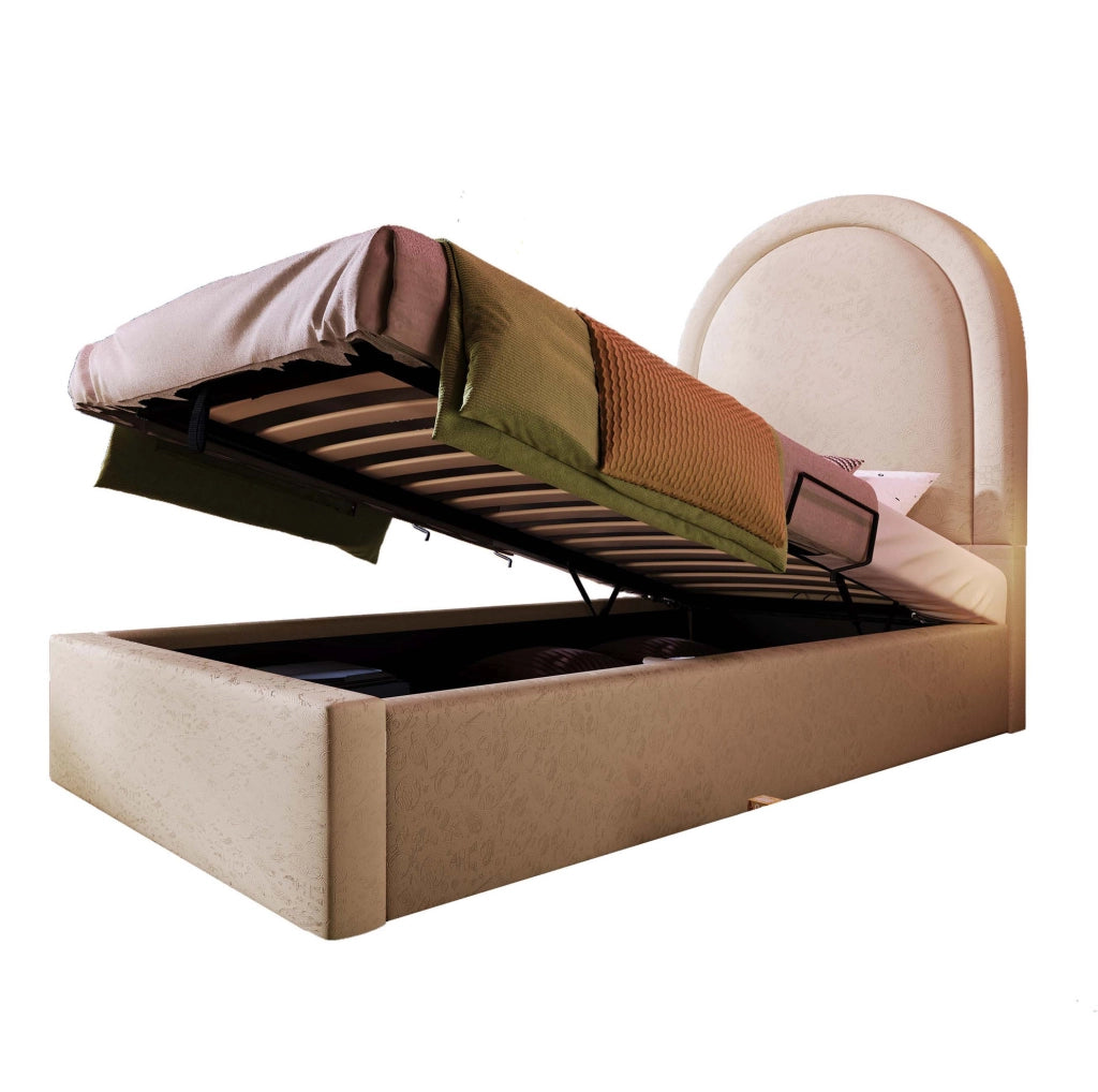 Letto imbottito per bambini 90x200 cm in PU beige con contenitore e rete a sollevamento idraulico