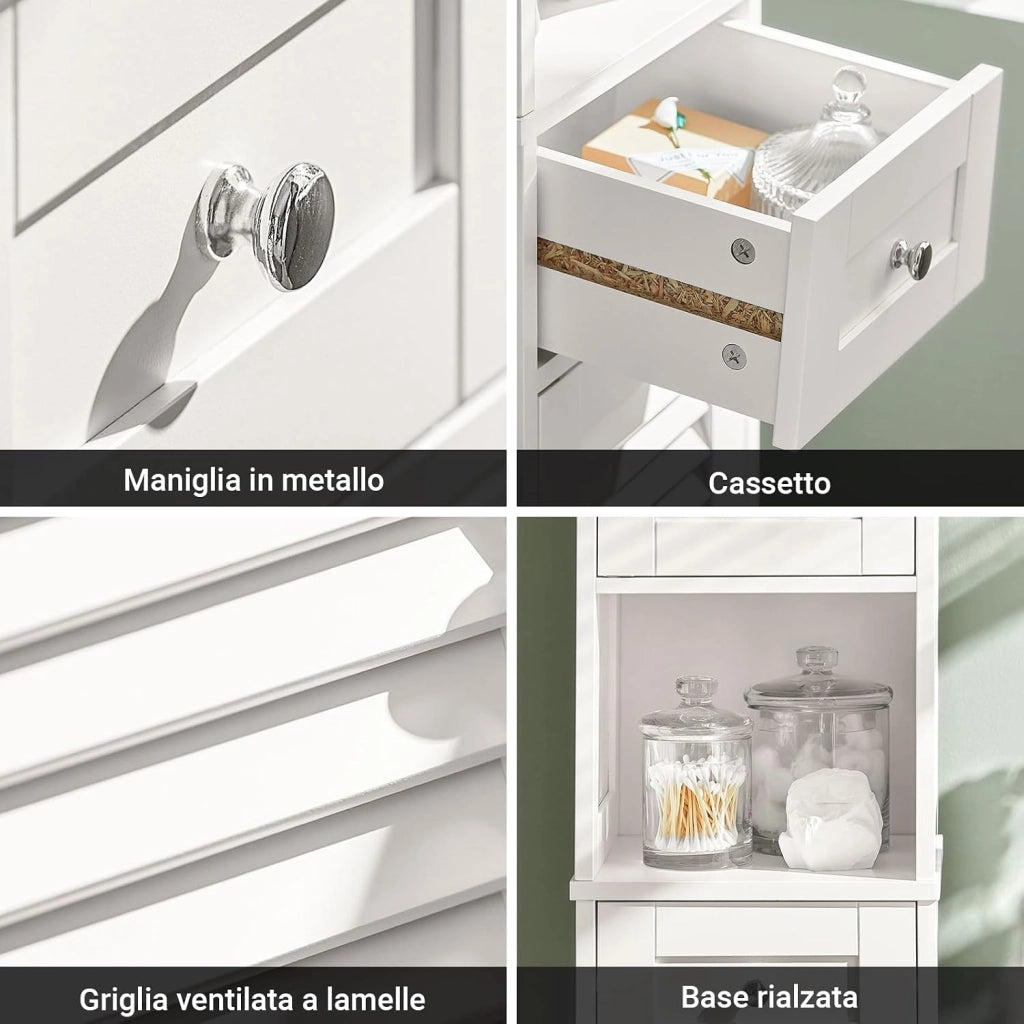 Mobile Colonna Bagno Salvaspazio Bianco Armadio Alto con 2 Ante, 1 Cassetto e Ripiano Aperto Mobiletto Bagno per Lavanderia, WC o Cucina Bianco 32x170x30cm FRG236-W