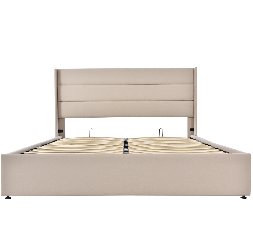 Letto matrimoniale contenitore 160x200 cm con testiera imbottita in lino; beige