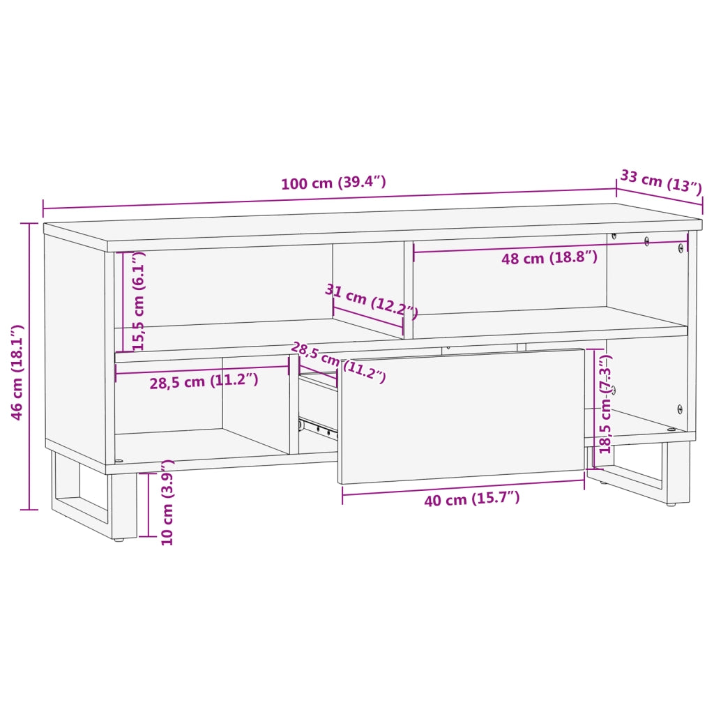 Mobile TV 100x33.5x46 cm Legno Massello di Mango