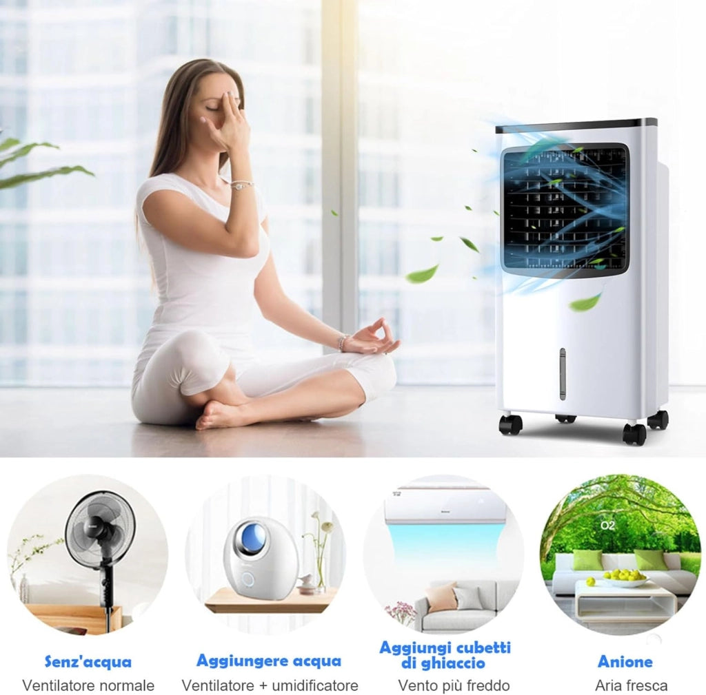 Condizionatore Portatile, Raffreddatore d’aria con Serbatoio Acqua 8L, 3 Modalità, 3 Velocità, Telecomando e Ruote, 7,5H Timer, per Casa, Ufficio