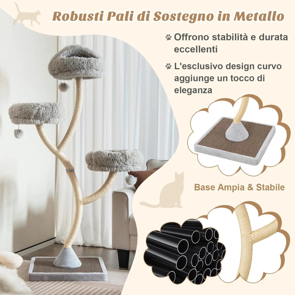 Albero per Gatti Alto 178 cm, Albero Tiragraffi per Gatti con Telaio di Supporto Curvo in Metallo, 3 Cucce Calde e Palline, Pali e Tavoletta Tiragraffi in Sisal, 59 x 59 x 178 cm (Grigio)