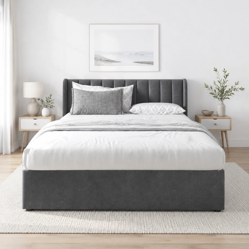 Letto imbottito 140x200 cm in velluto grigio con testiera, rete a doghe e 2 cassetti