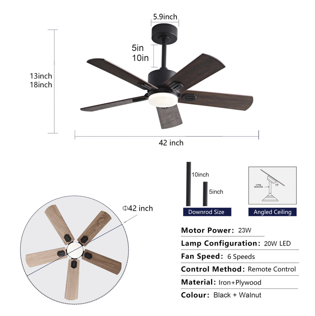 Ventilatore da soffitto 42 pollici con luce LED; 5 pale; telecomando; nero e noce scuro