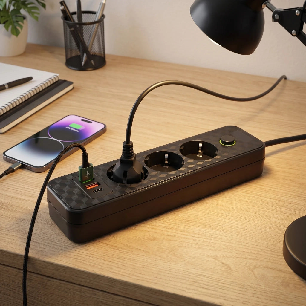 Multipresa Con Prolunga, 3 Prese + 2 Porte Usb-a + Usb-c Jnh020-3a Black