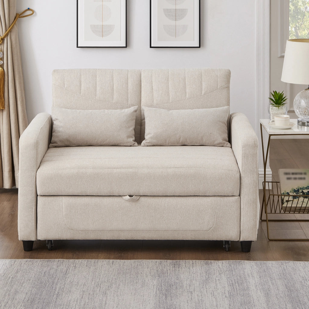 Divano Letto 2 Posti con Schienale Regolabile a 3 Posizioni e 2 Cuscini, in Tessuto Cotone Lino Beige
