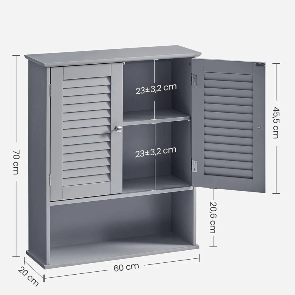 Mobiletto portaoggetti da bagno/armadietto portamedicinali a parete con ripiano regolabile doppia anta e ripiano aperto 60 x 20 x 70 cm grigio 12_0006516