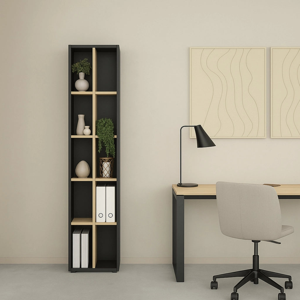 Libreria Erevan, Scaffale da ufficio, Mobile portalibri, Biblioteca, 41x34 h205 cm, Rovere e Grigio
