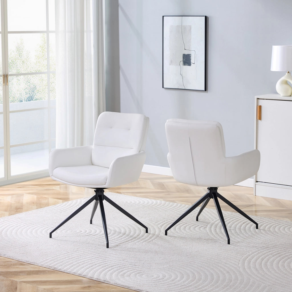 Sedia da pranzo girevole 360° con schienale capitonné, PU e gambe in metallo nere, bianco e nero, 85 cm