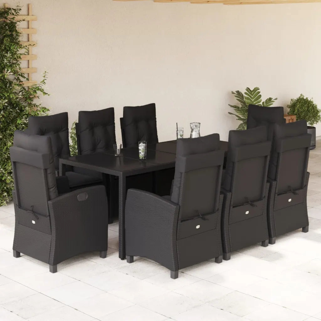 Set da Pranzo da Giardino 9 pz con Cuscini Nero in Polyrattan 3212643