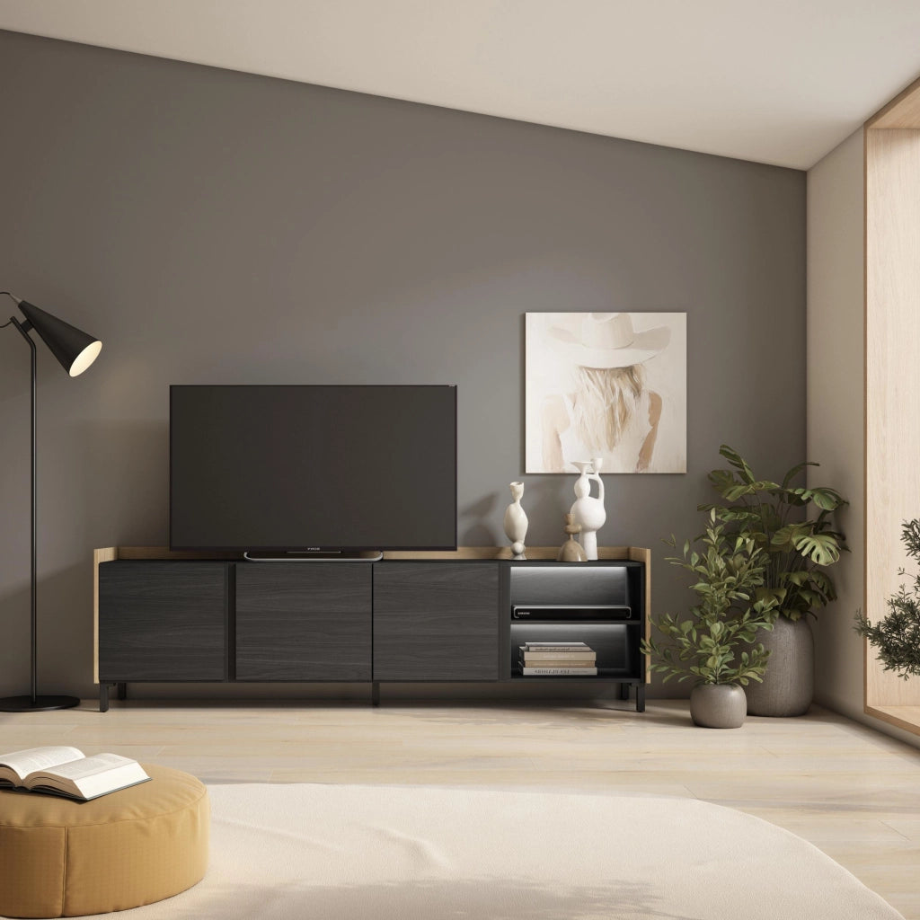 Mobile TV Soggiorno, 207x61x35 cm, Per TV fino a 80", Design industriale, LED, Nero e rovere