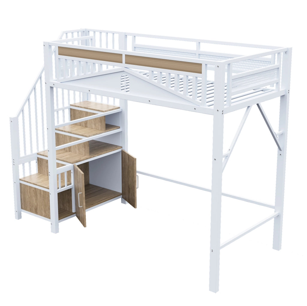 Letto a soppalco 90x200 cm con scala contenitore e finestra di sicurezza bianco