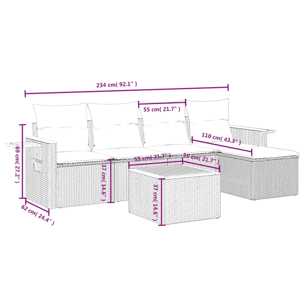 Set Divano da Giardino 6 pz con Cuscini Nero in Polyrattan 3259164