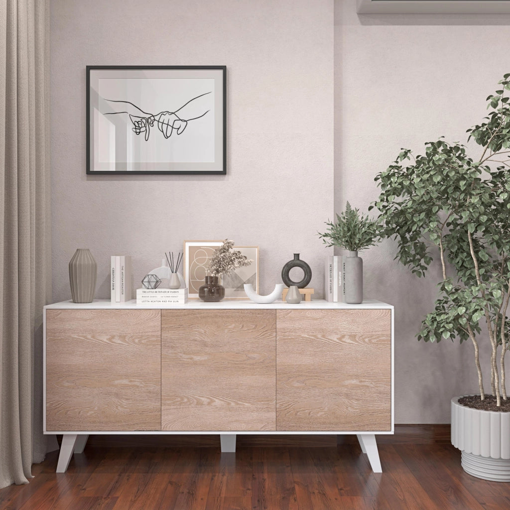 Credenza Mobile Mobiletto Soggiorno Salotto Ingresso Sala da Pranzo 3 Ante 154 x 41 x 75 cm Colore Bianco Lucido Rovere Chiaro
