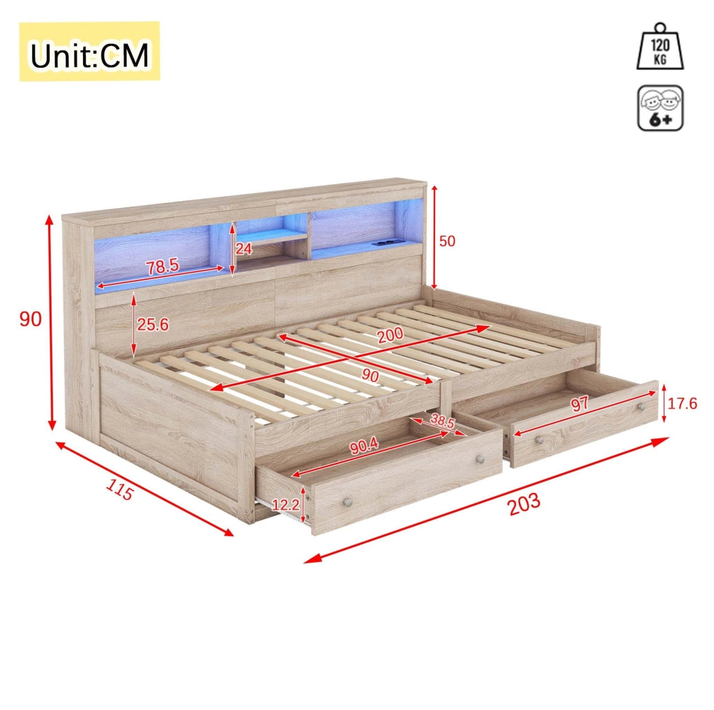 Letto singolo 90x200 con LED, USB, prese e 2 cassetti