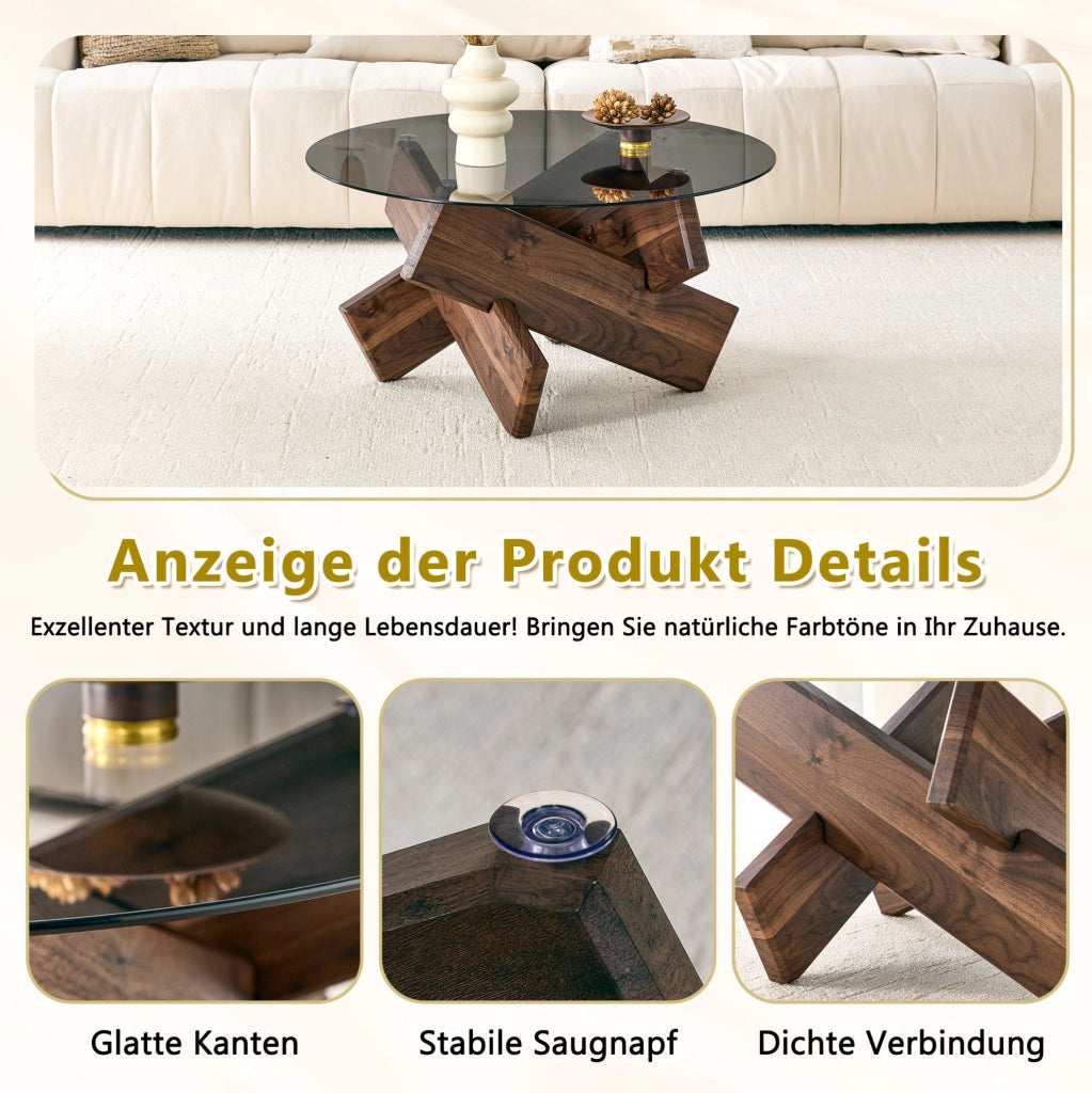 Tavolino da caffè rotondo con piano in vetro temperato e base geometrica in MDF; noce
