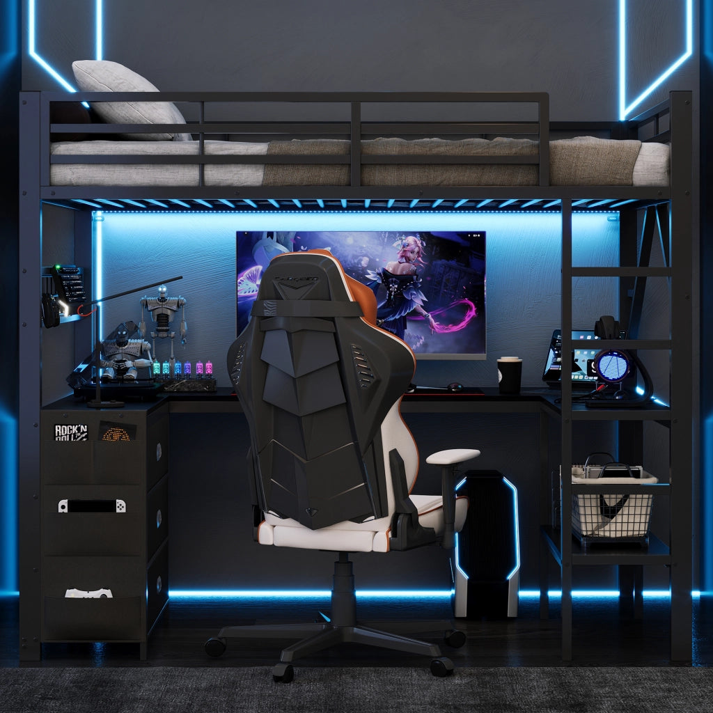 Letto a soppalco gaming 90x200 cm in metallo nero con scrivania e cassetti