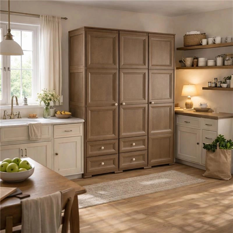 ARMADIO 3 ANTE CON 2 APPENDIABITI E 4 CASSETTI MARRONE, GUARDAROBA MULTIUSO CON RIPIANI E VANI APERTI, 118 X 43 X H 164 CM