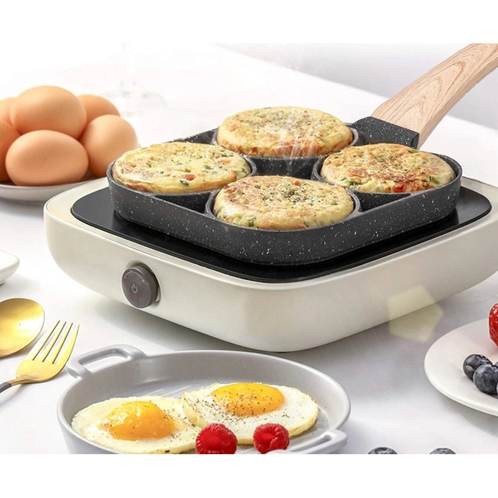 Trade Shop - Padella Antiaderente A 4 Fori Per Uova Pancake Manico In Legno Accessori Cucina 624386 -