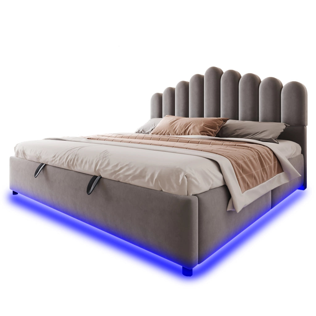 DESMIU Letto contenitore 180 × 200 cm 2 posti con LED, vano idraulico, senza materasso, in velluto, grigio