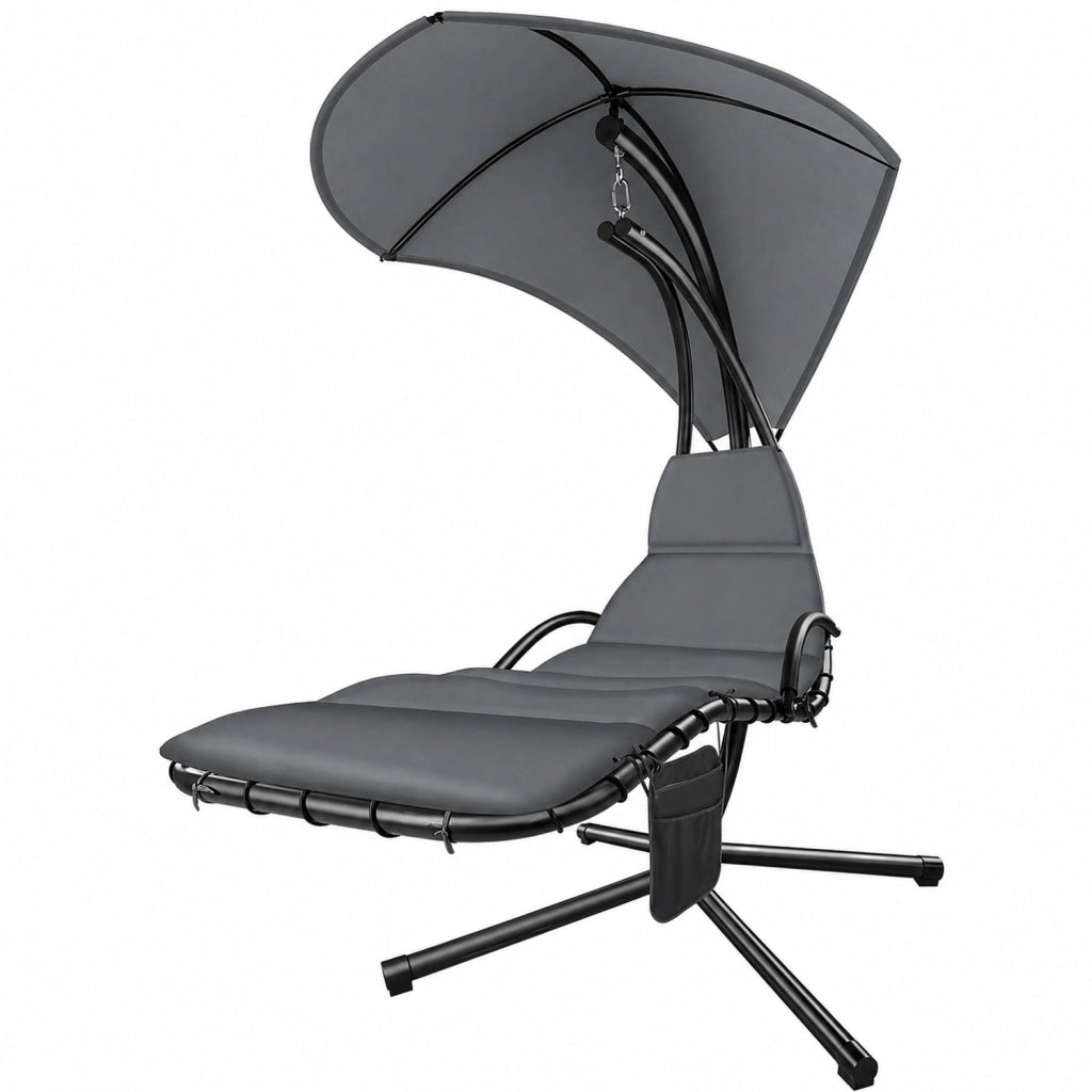 Sdraio Pensile Con Tettuccio Parasole Integrato E Cuscino Ergonomico Amaca Da Giardino In Acciaio E Poliestere 195 x 132 x 197 Cm Grigio