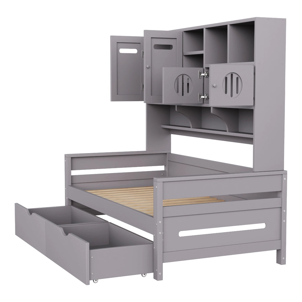 OKWISH Letto Divano 90×200 cm, Letto Singolo con 2 Cassetti, Vani Contenitore e Armadietti, senza Materasso, Legno, Grigio