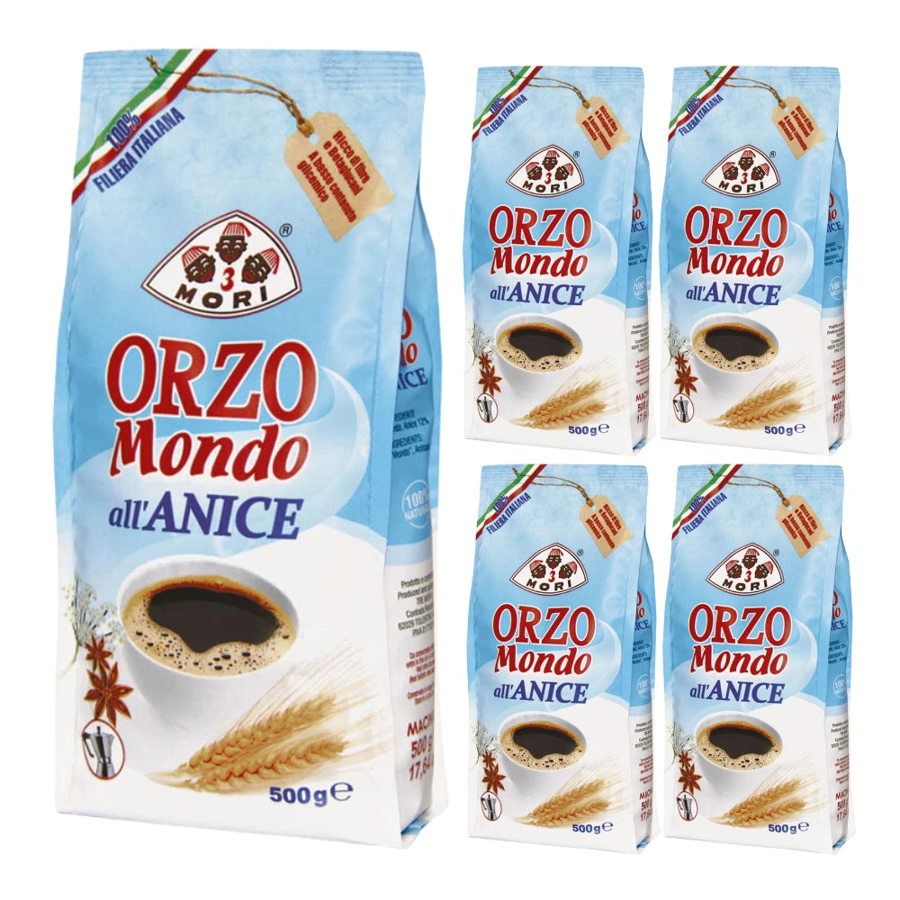 Tre mori orzo mondo all'anice macinato per moka ed espresso 5 confezioni da 500 grammi