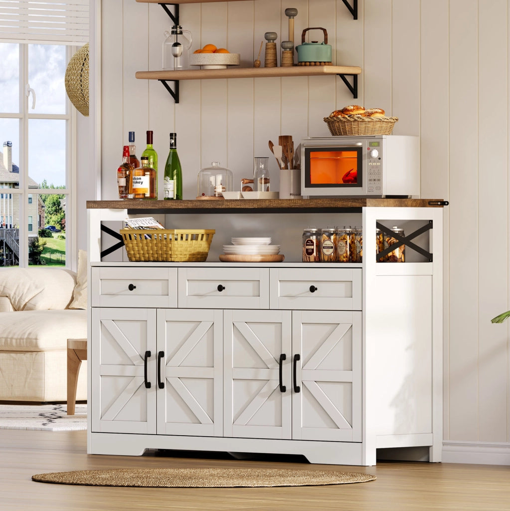 Credenza buffet 140 cm con 3 cassetti e 2 ante; mobile contenitore rustico in MDF; bianco e marrone