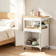 Carrello da cucina con prese, cassetto e armadietto bianco