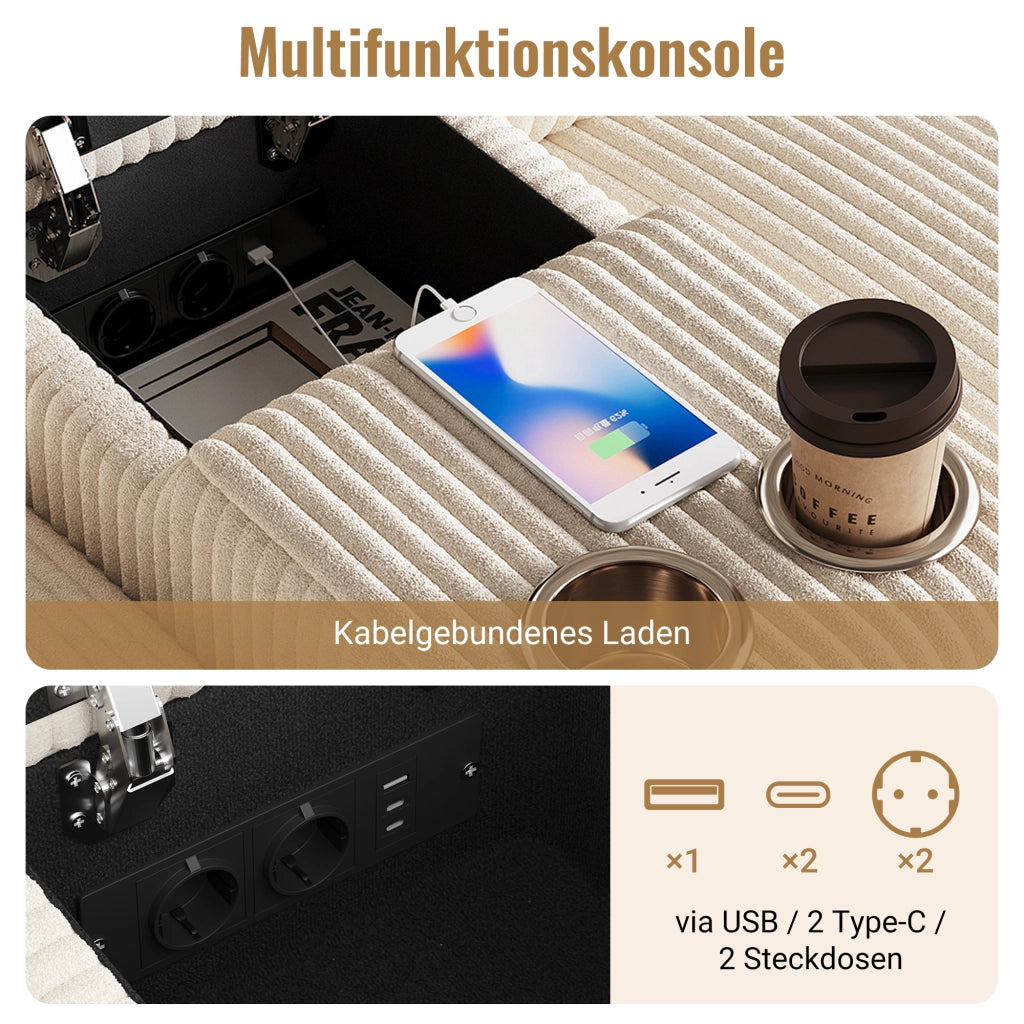 Divano modulare a U con contenitore; porte USB; prese e tavolino in velluto beige