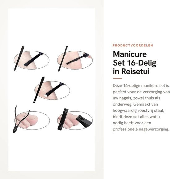 Kit di manicure e pedicure 16 pezzi - Set di cura unghie - Set di cura unghie per piedi - Acciaio inossidabile - Contenitore di viaggio compatto - Duraturo e affidabile - Kit di cura unghie