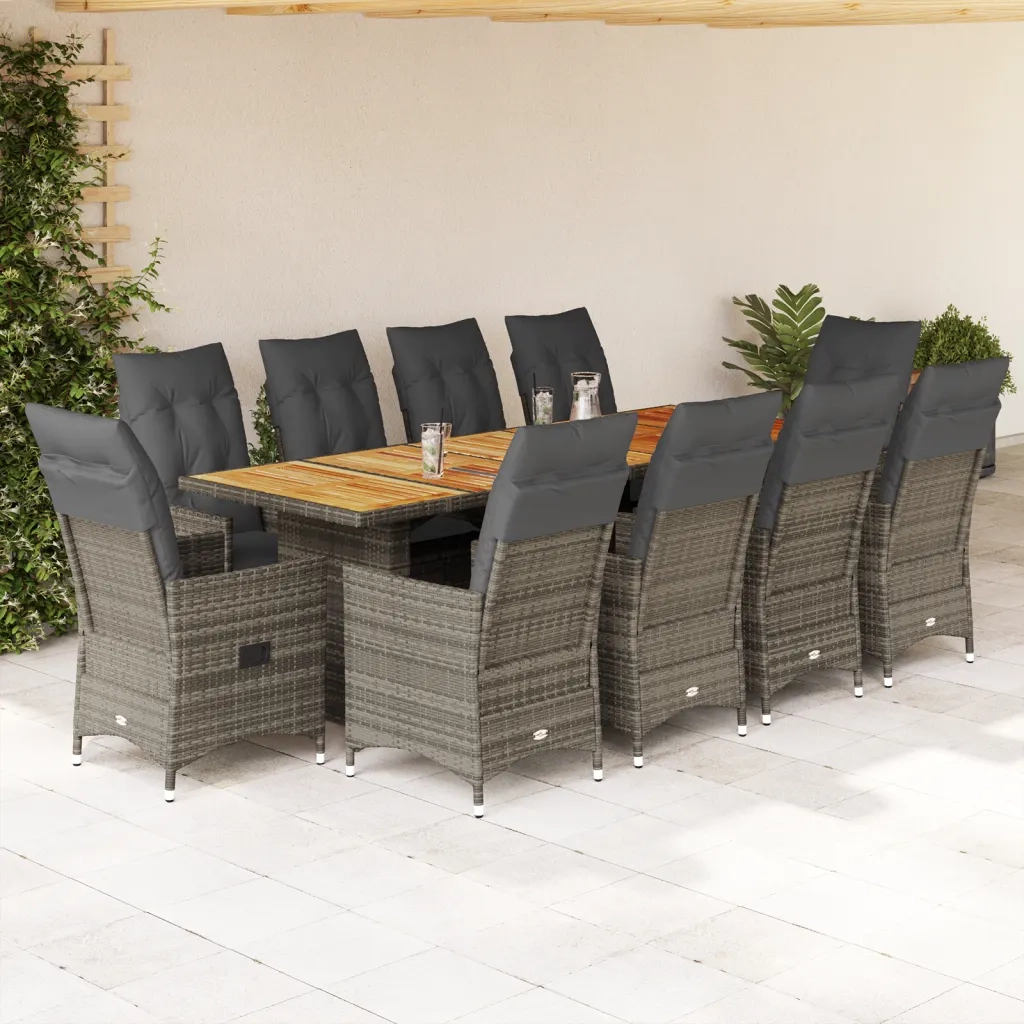 vidaXL Set Bistrò da Giardino 11 pz con Cuscini in Polyrattan Grigio