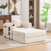 Fauteuil con pouf modulare in velluto a coste con tasca laterale e cuscino beige per soggiorno 112 × 190 × 67 cm