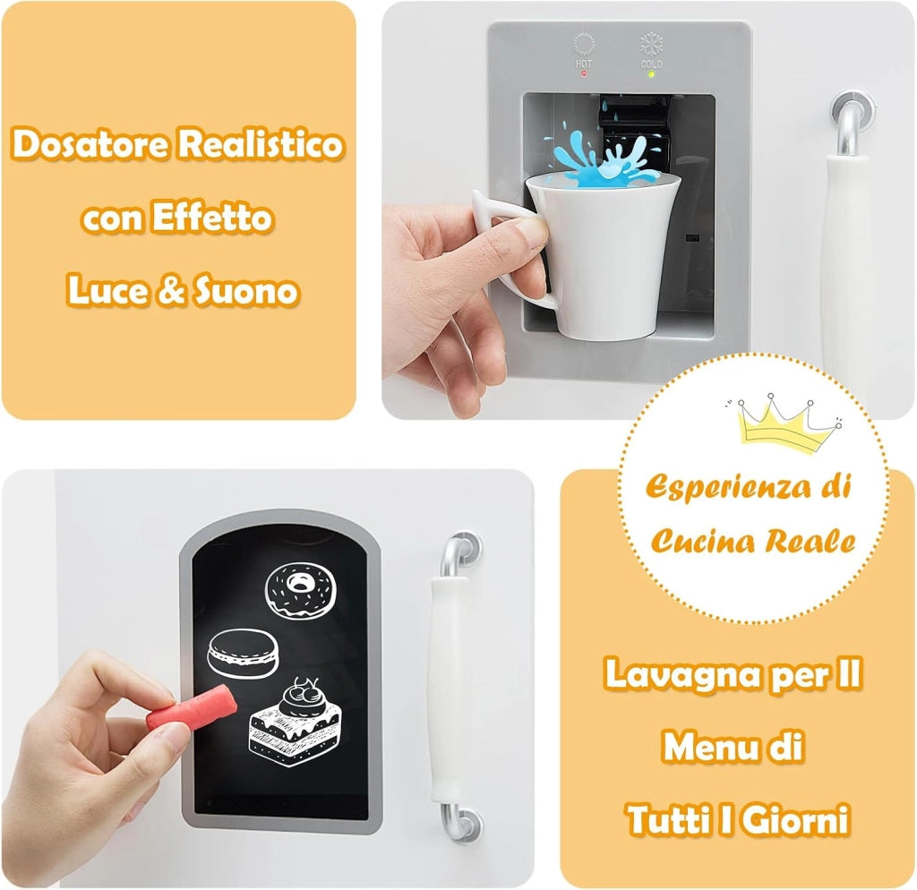 Cucina Giocattolo per Bambini in Legno, Cucina per Bambini con Telefono, Lavello, Forno Fornelli, Frigo e Distributore Acqua, con Luci e Suoni Realistici, Bianco